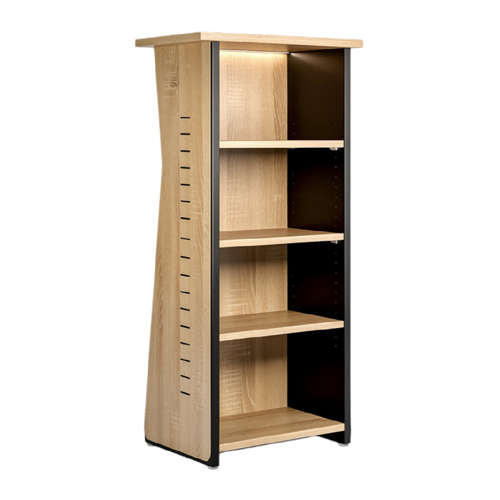 Moderne houten boekenkast met zwarte accenten
