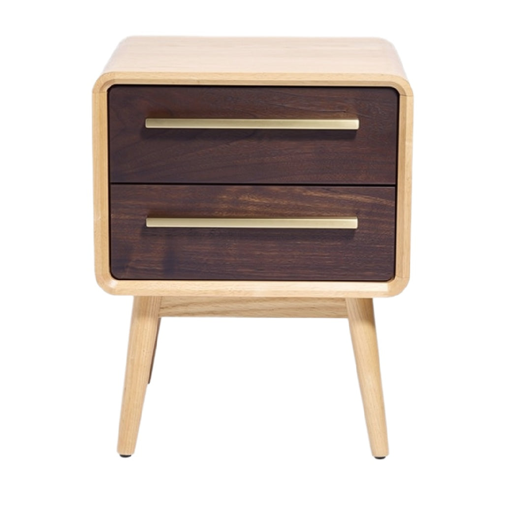 Moderne nachtkast met houtfineer en gouden handvaten